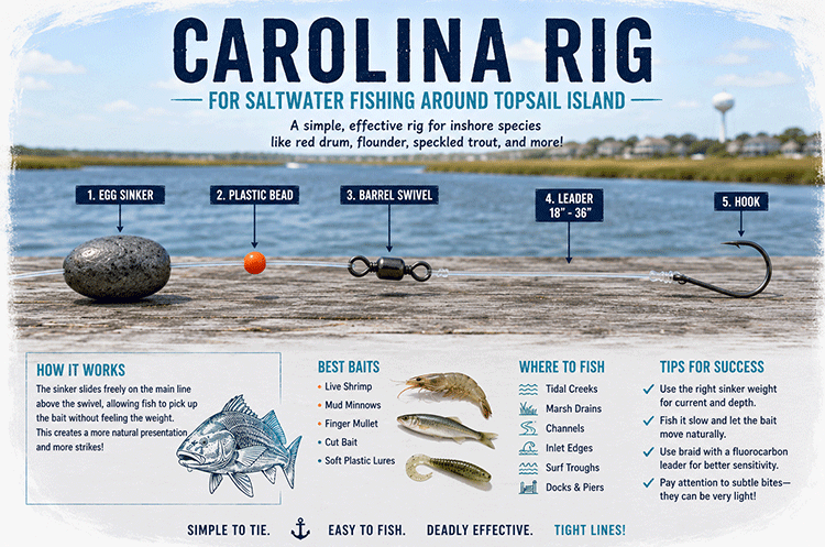 Infographic showing how to build a Carolina rig for saltwater fishing around Topsail Island with labeled components including egg sinker, bead, swivel, leader, and hook.
