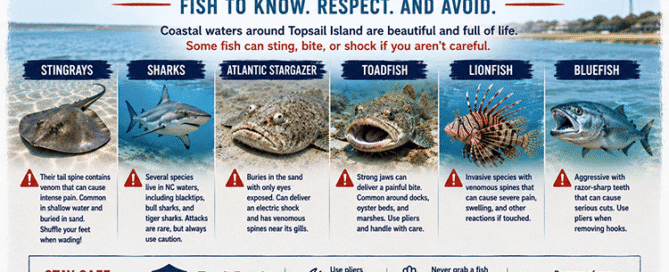 Infographic showing dangerous fish in NC waters near Topsail Island including stingrays, sharks, Atlantic stargazers, toadfish, lionfish, and bluefish with coastal safety tips.