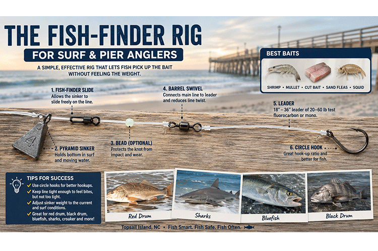 llustrated fish-finder rig setup for surf and pier fishing showing sinker slide, pyramid sinker, swivel, leader, and circle hook with a Topsail Island pier and beach background.
