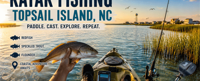 Kayak angler fishing the shallow marsh waters of Topsail Island, North Carolina while holding a red drum at sunrise with coastal grass, calm backwaters, and fishing gear visible.