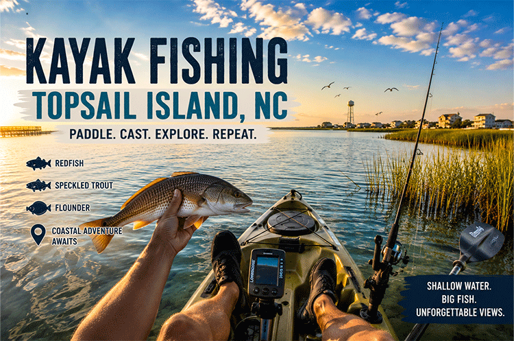 Kayak angler fishing the shallow marsh waters of Topsail Island, North Carolina while holding a red drum at sunrise with coastal grass, calm backwaters, and fishing gear visible.