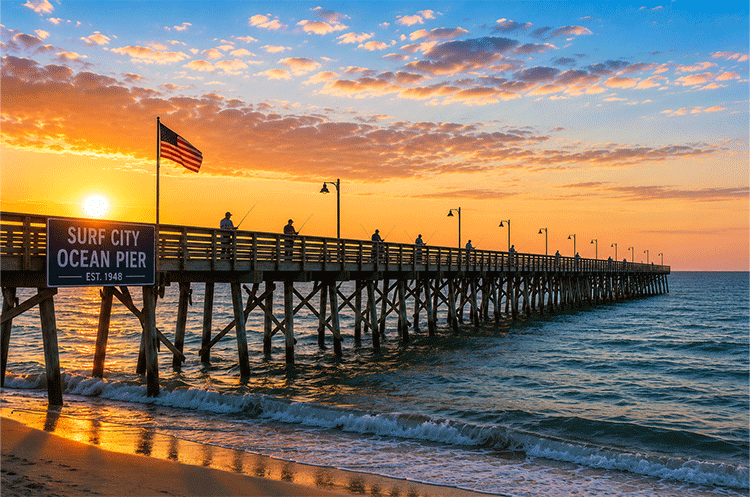 Surf City Ocean Pier in Surf City, North Carolina extending into the Atlantic Ocean at sunrise with anglers fishing along the wooden pier.
