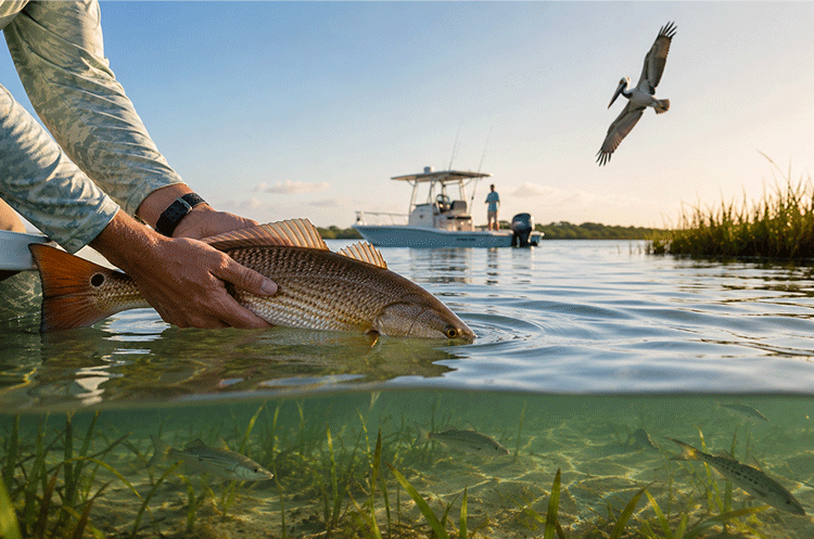 Angler releasing a red drum in Topsail Sound to help protect Topsail Island marine resources for future generations.
