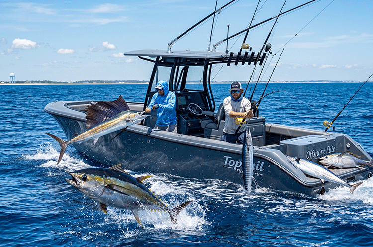 A dynamic offshore fishing scene near Topsail Island featuring a leaping Sailfish, a Wahoo, and a yellowfin Tuna next to a charter boat