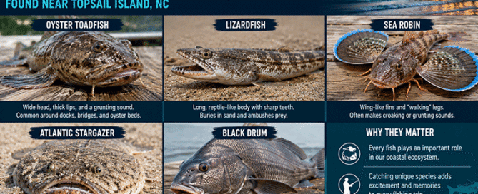 Infographic showing several ugly fish species found near Topsail Island including oyster toadfish, lizardfish, sea robin, Atlantic stargazer, and black drum with coastal fishing background.