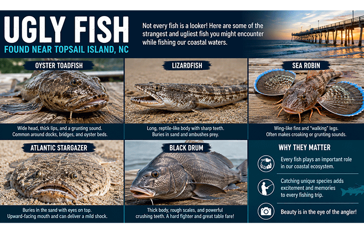 Infographic showing several ugly fish species found near Topsail Island including oyster toadfish, lizardfish, sea robin, Atlantic stargazer, and black drum with coastal fishing background.
