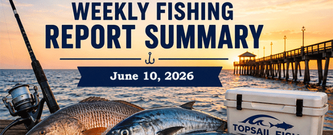 Topsail Area Weekly Fishing Report Summary for June 10, 2026 featuring red drum, Spanish mackerel, bluefish, and Topsail Island pier fishing conditions.