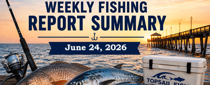 Topsail Area Weekly Fishing Report Summary for June 24, 2026 featuring red drum, Spanish mackerel, bluefish, and Topsail Island pier fishing conditions.