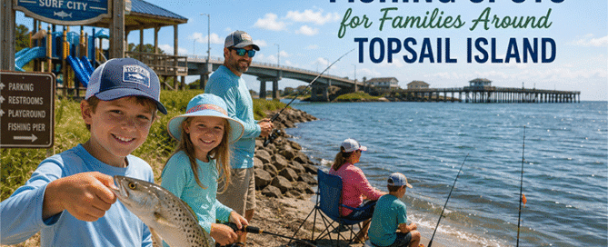 Children enjoying shore-based fishing near Topsail Island at family-friendly fishing spots including Soundside Park, local piers, and beach access areas.