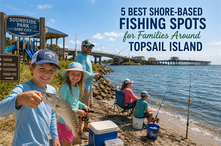 Children enjoying shore-based fishing near Topsail Island at family-friendly fishing spots including Soundside Park, local piers, and beach access areas.