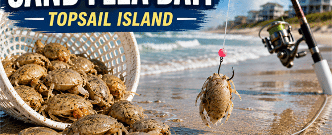 Freshly harvested sand fleas (mole crabs) on the wet shoreline of Topsail Island beside a surf fishing rod and bait rig, demonstrating one of the most effective natural baits for pompano, sea mullet, and red drum fishing.