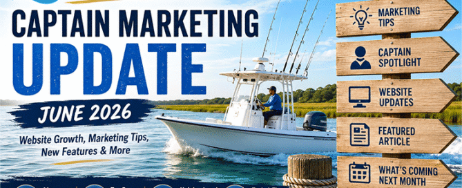 Promotional graphic for the June 2026 Topsail.Fish Captain Marketing Update featuring website growth, Google Search performance, marketing tips, captain spotlight, featured article, and website updates to help local fishing captains grow their businesses.