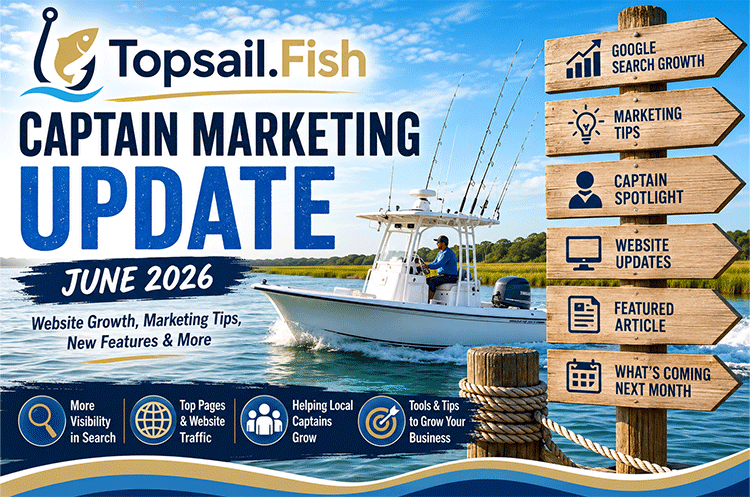 Promotional graphic for the June 2026 Topsail.Fish Captain Marketing Update featuring website growth, Google Search performance, marketing tips, captain spotlight, featured article, and website updates to help local fishing captains grow their businesses.