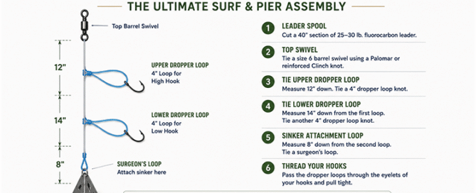 Illustration of how to tie a Double-Hook Bottom Rig for surf fishing on Topsail Island.