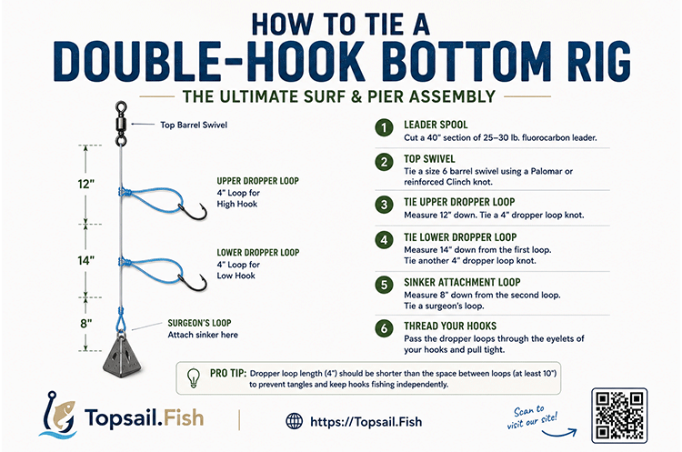 Illustration of how to tie a Double-Hook Bottom Rig for surf fishing on Topsail Island.