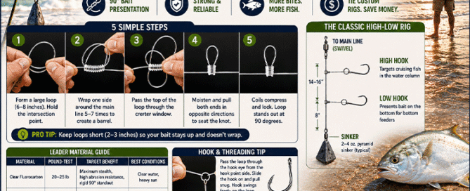 Illustration of a dropper loop fishing knot and high-low surf fishing rig with hooks, sinker, and leader line used for targeting pompano, sea mullet, and other North Carolina coastal species from the beach or offshore structure.