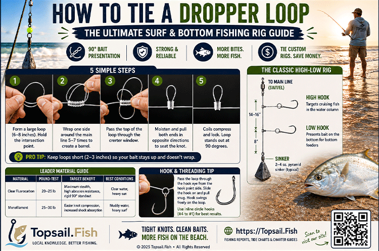 Illustration of a dropper loop fishing knot and high-low surf fishing rig with hooks, sinker, and leader line used for targeting pompano, sea mullet, and other North Carolina coastal species from the beach or offshore structure.