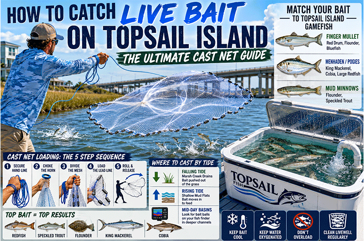 Angler throwing a cast net in the Topsail Island backwaters to catch live bait fish such as finger mullet and menhaden, with the Surf City high-rise bridge and coastal marsh habitat in the background.