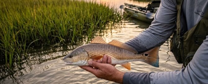 An angler holding a copper-colored redfish while learning how to catch puppy drum in topsail marshes during sunset.