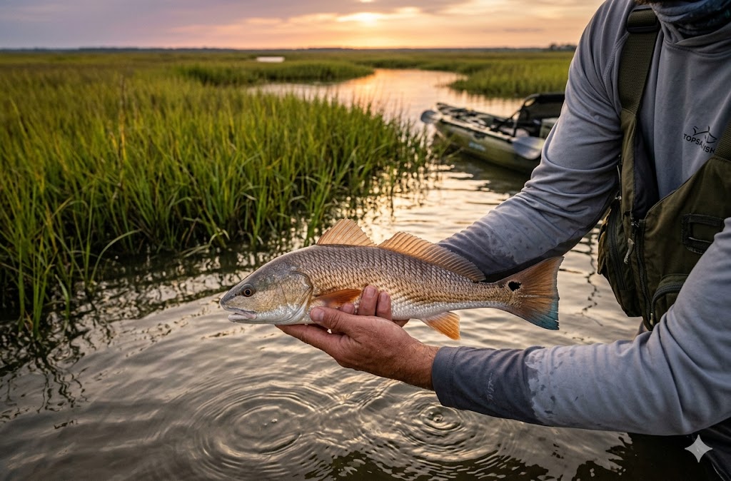 An angler holding a copper-colored redfish while learning how to catch puppy drum in topsail marshes during sunset.