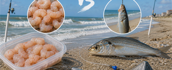 Live bait vs cut shrimp Topsail surf fishing comparison showing bait options and rigs for catching fish along the beaches of Topsail Island.