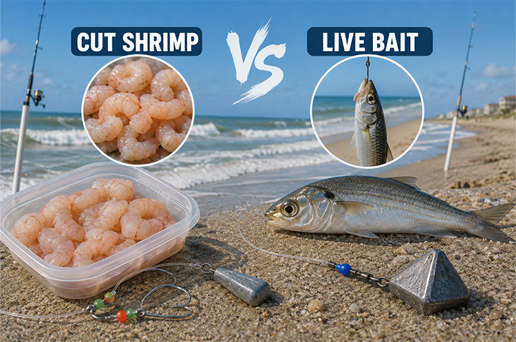 Live bait vs cut shrimp Topsail surf fishing comparison showing bait options and rigs for catching fish along the beaches of Topsail Island.