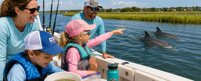 Family enjoying a kid-friendly fishing trip near Topsail Island while watching dolphins and learning about local wildlife from a fishing boat.