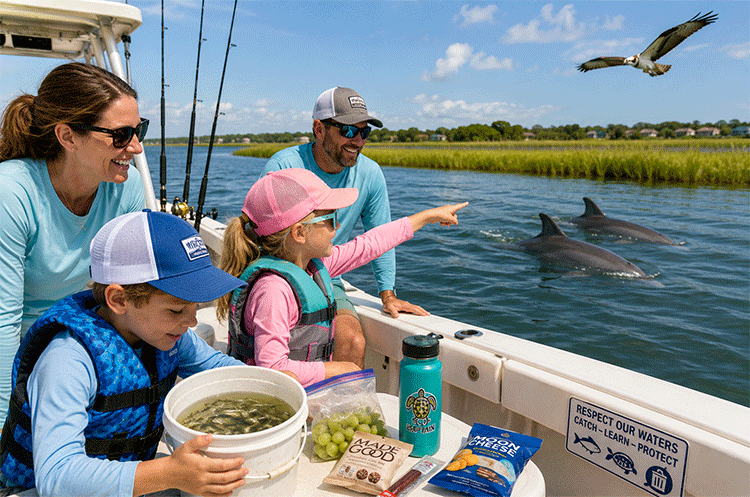 Family enjoying a kid-friendly fishing trip near Topsail Island while watching dolphins and learning about local wildlife from a fishing boat.