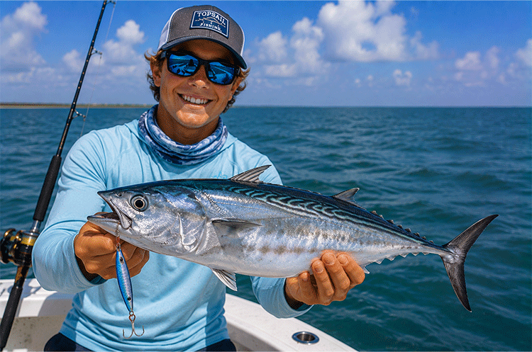 Angler holding an Atlantic Bonito caught near Topsail Island after targeting fast-moving schools with topwater lures and metal jigs.