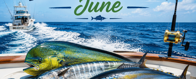 Mahi-Mahi, Wahoo, and Yellowfin Tuna on the deck of an offshore charter boat during the peak June fishing season near Topsail Island.