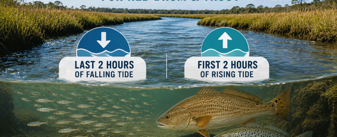 Red Drum and Speckled Trout feeding in a marsh creek during moving water on a falling and rising tide near Topsail Island.