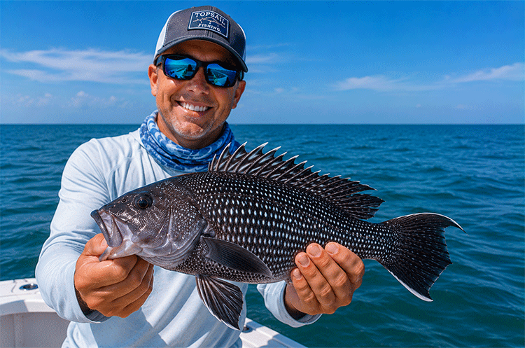 Angler holding a Black Sea Bass caught near Topsail Island while fishing offshore reefs and wreck structure.
