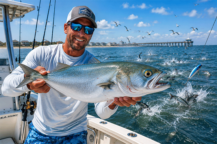 Angler holding a large Bluefish caught near Topsail Island after targeting aggressive feeding schools with topwater lures and live bait.