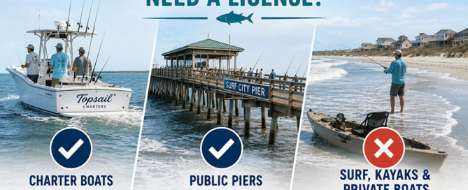 Charter boat, fishing pier, and surf fisherman illustrating when a North Carolina saltwater fishing license is or is not required on Topsail Island.