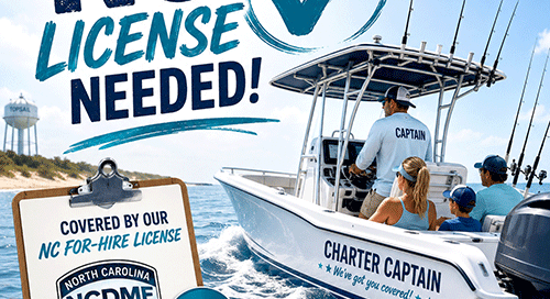 Charter fishing passengers on a North Carolina fishing boat covered under a blanket for-hire fishing license.