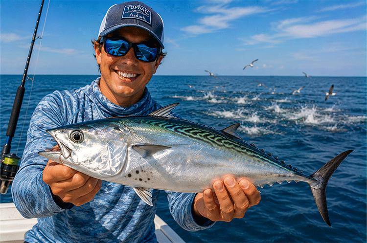 Angler holding a False Albacore caught near Topsail Island after targeting fast-moving schools with topwater lures and metal jigs.
