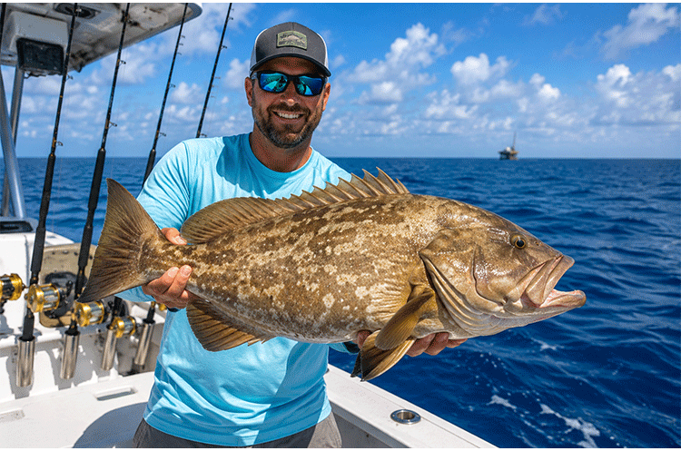 Grouper Fishing Topsail Island Offshore Challenge Angler holding a large Grouper caught offshore near Topsail Island while fishing deep-water wrecks and reefs.