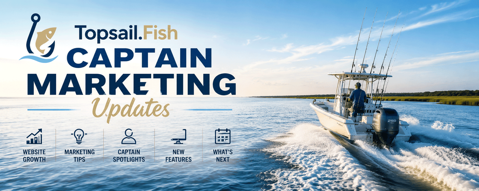 Wide header graphic for the Topsail.Fish Captain Marketing Updates page featuring an inshore fishing boat on the waters around Topsail Island with graphics representing website growth, marketing tips, captain spotlights, new features, and monthly updates.