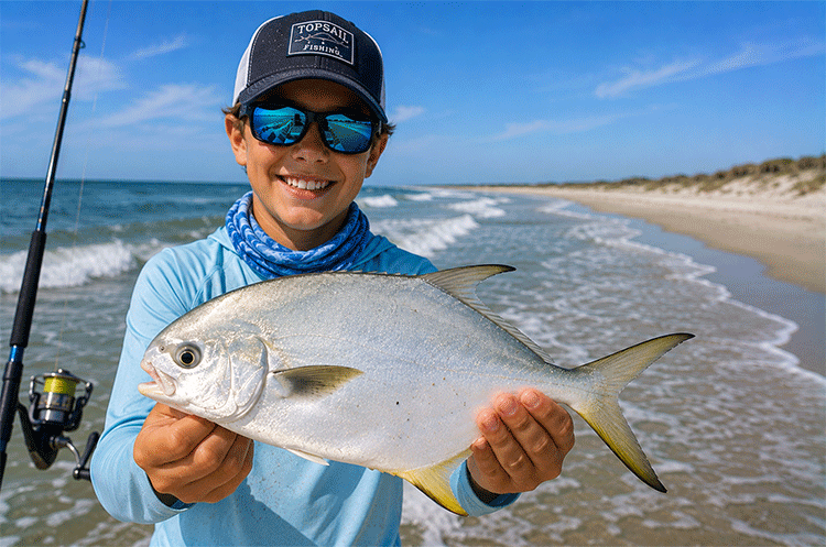 Angler holding a Pompano caught near Topsail Island while fishing the surf during the productive spring and fall migration seasons.