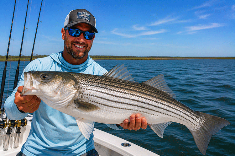 Angler holding a large Striped Bass caught near Topsail Island during the spring migration season.