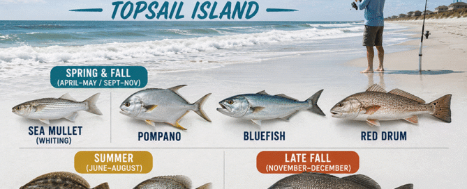 Surf fisherman on a Topsail Island beach with common surf fishing species including Sea Mullet, Pompano, Bluefish, Red Drum, Flounder, and Black Drum.