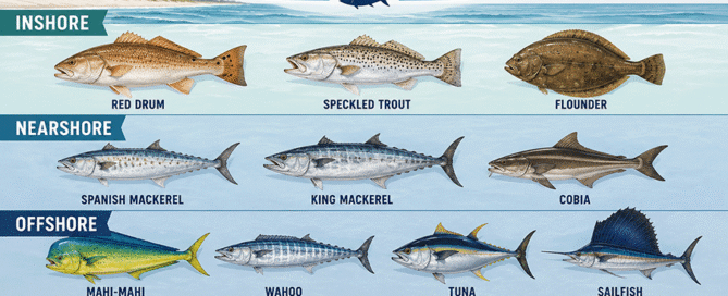 Popular fish species caught near Topsail Island including Red Drum, Speckled Trout, Flounder, King Mackerel, Mahi-Mahi, Tuna, and Sailfish.