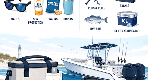 Anglers preparing for a fishing charter with sunglasses, drinks, snacks, and sun protection while the captain provides all fishing gear and bait.