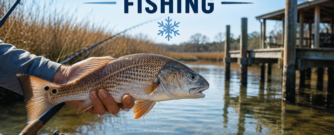 Winter backwater fishing for Red Drum in a clear tidal creek near Topsail Island with residential docks and calm water.