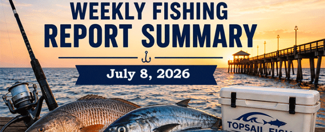 Topsail Area Weekly Fishing Report Summary for July 8, 2026 featuring red drum, speckled trout, Spanish mackerel, and current fishing conditions around Topsail Island.