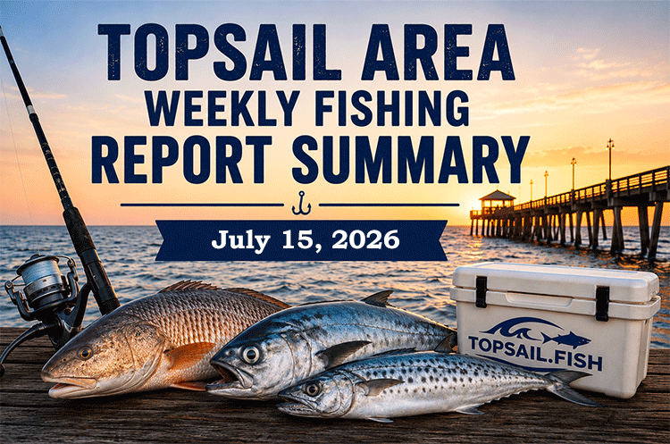 Topsail Area Weekly Fishing Report Summary for July 15, 2026 featuring red drum, speckled trout, Spanish mackerel, and current fishing conditions around Topsail Island.