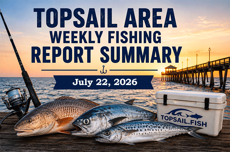 Topsail Area Weekly Fishing Report Summary for July 22, 2026 featuring red drum, speckled trout, Spanish mackerel, and current fishing conditions around Topsail Island, North Carolina.