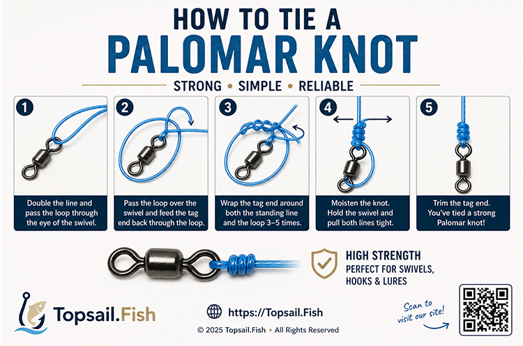 Illustration of how to tie a Palomar knot for a North Carolina Surf Float for Surf Fishing on Topsail Island.