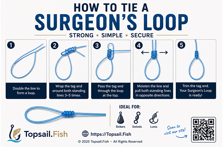 Illustration of how to tie a Surgeon's Loop for a North Carolina Surf Float for Surf Fishing on Topsail Island.