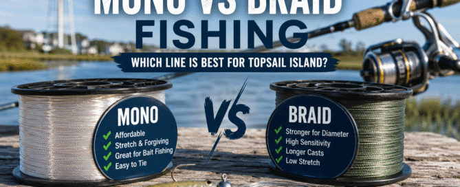Side-by-side comparison of monofilament and braided fishing line on a dock overlooking Topsail Island marshes with an inshore spinning rod, illustrating the differences between mono and braid for saltwater fishing.